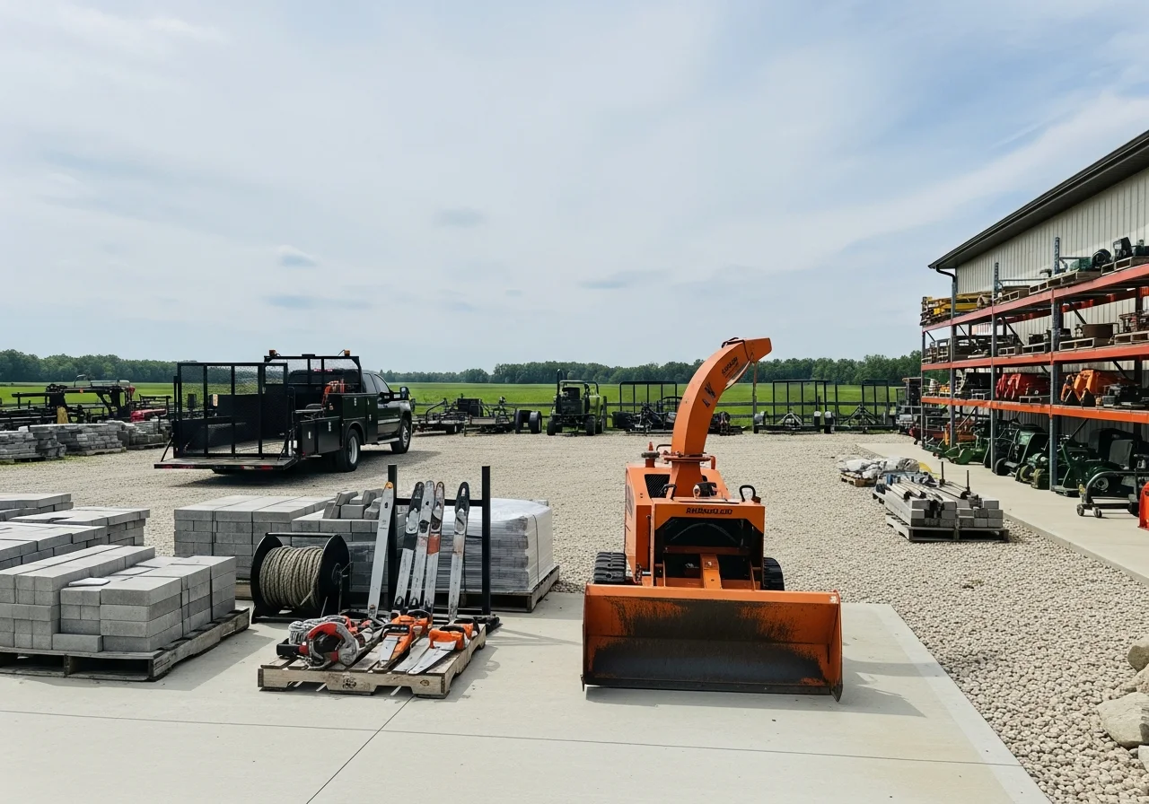 Professional landscaping crew with equipment and tools ready for tree removal, site preparation, and hardscape installation work.