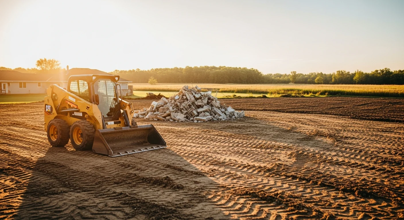 Skidloader clearing debris from construction site