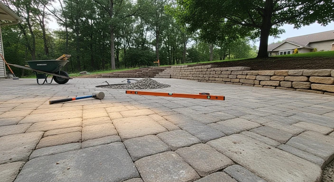 Newly installed landscape with retaining wall and planted beds