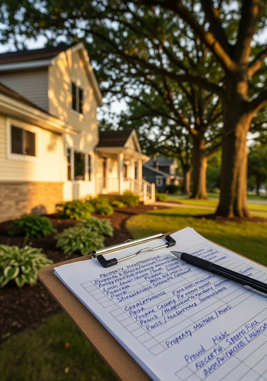 Close-up of a homeowner and technician reviewing property maintenance notes on a Fond Du Lac home.