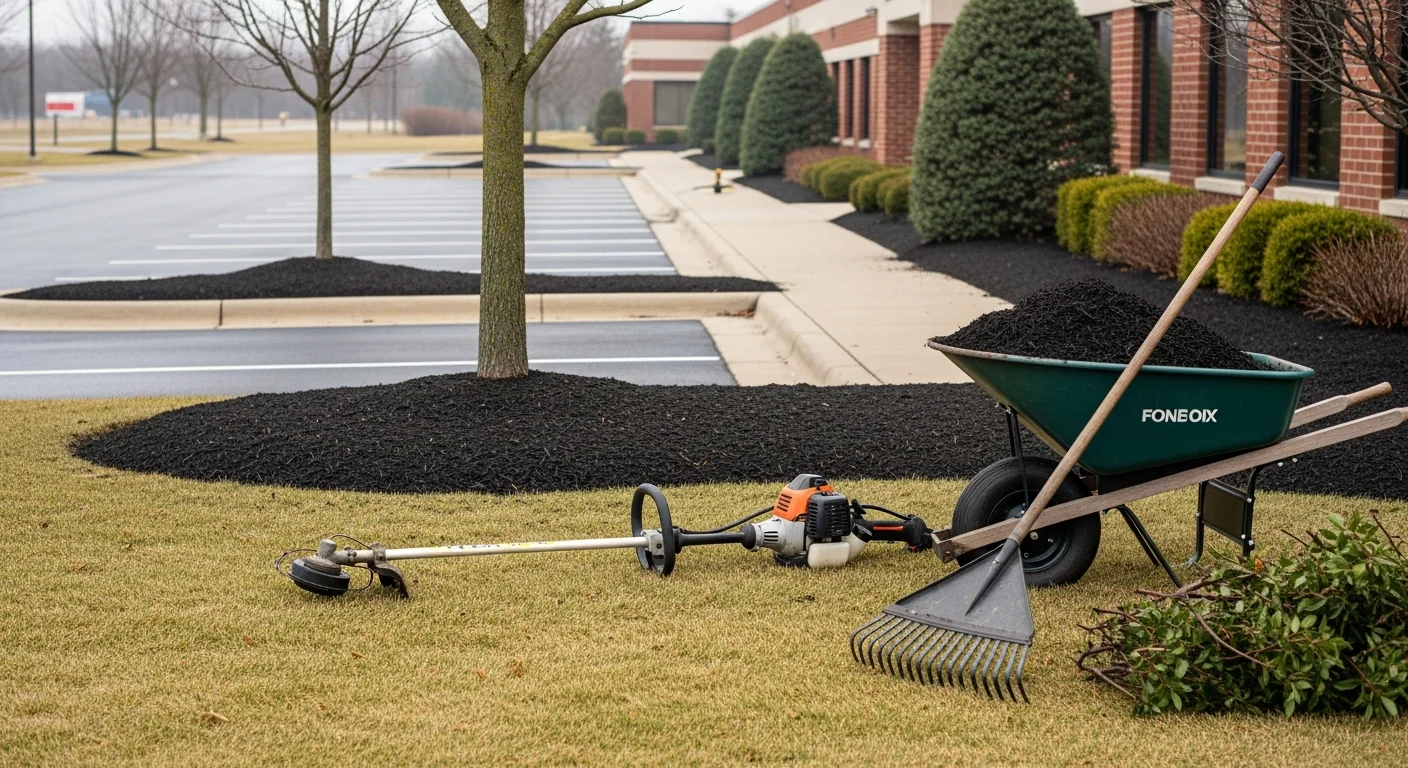A well-maintained commercial property in Fond du Lac, WI with trimmed turf, clean mulched beds along a parking lot edge, and pruned shrubs near a building entrance. GoJo Tree and Landscaping crew equipment is visible in the background.