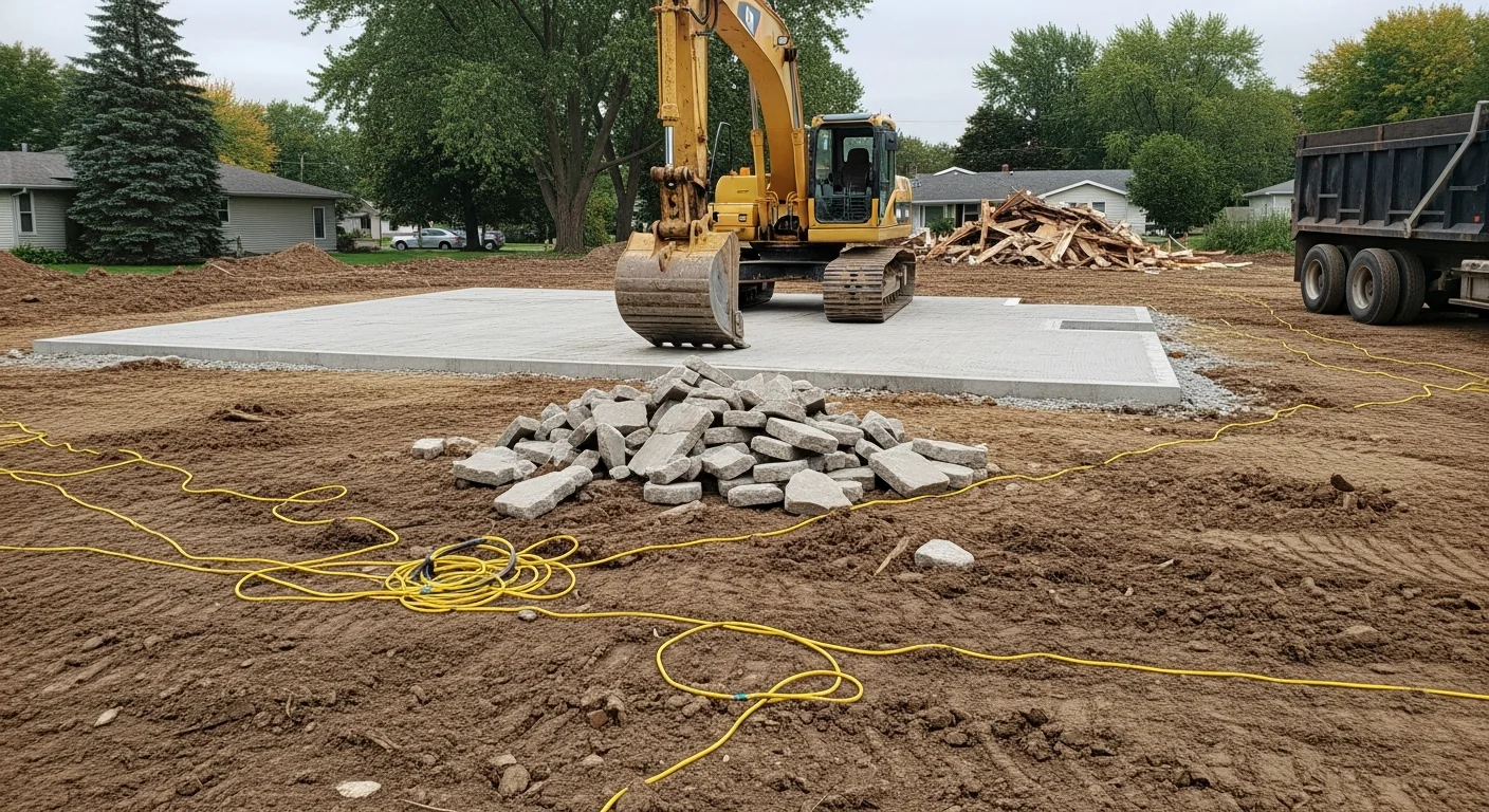 A cleared residential lot in Fond du Lac, WI after a full structure demolition, with debris removed and the ground leveled. A GoJo Tree and Landscaping crew and equipment are visible on the graded site.