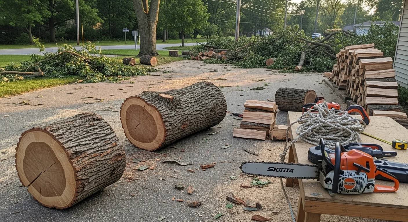 A GoJo Tree and Landscaping crew removing a large storm-fallen tree from a residential property in Fond du Lac, Wisconsin, with a cleared driveway visible in the background. Sectioned trunk pieces and cleared brush show the cleanup in progress after severe weather.