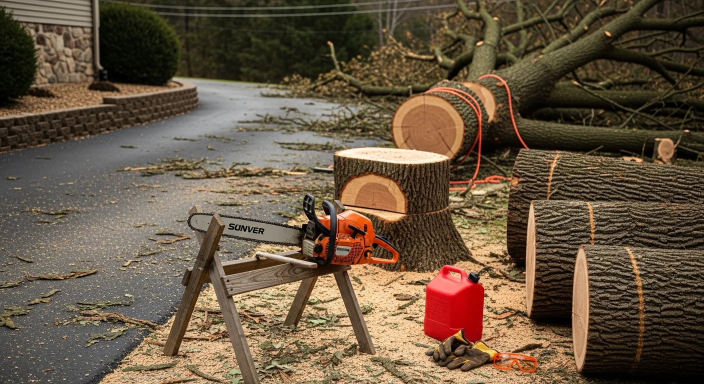 A large storm-damaged tree removed from a residential property in Fond du Lac, Wisconsin, with the cleared yard and intact roofline visible. A GoJo Tree and Landscaping crew stacks cut sections near the curb after completing the emergency removal.