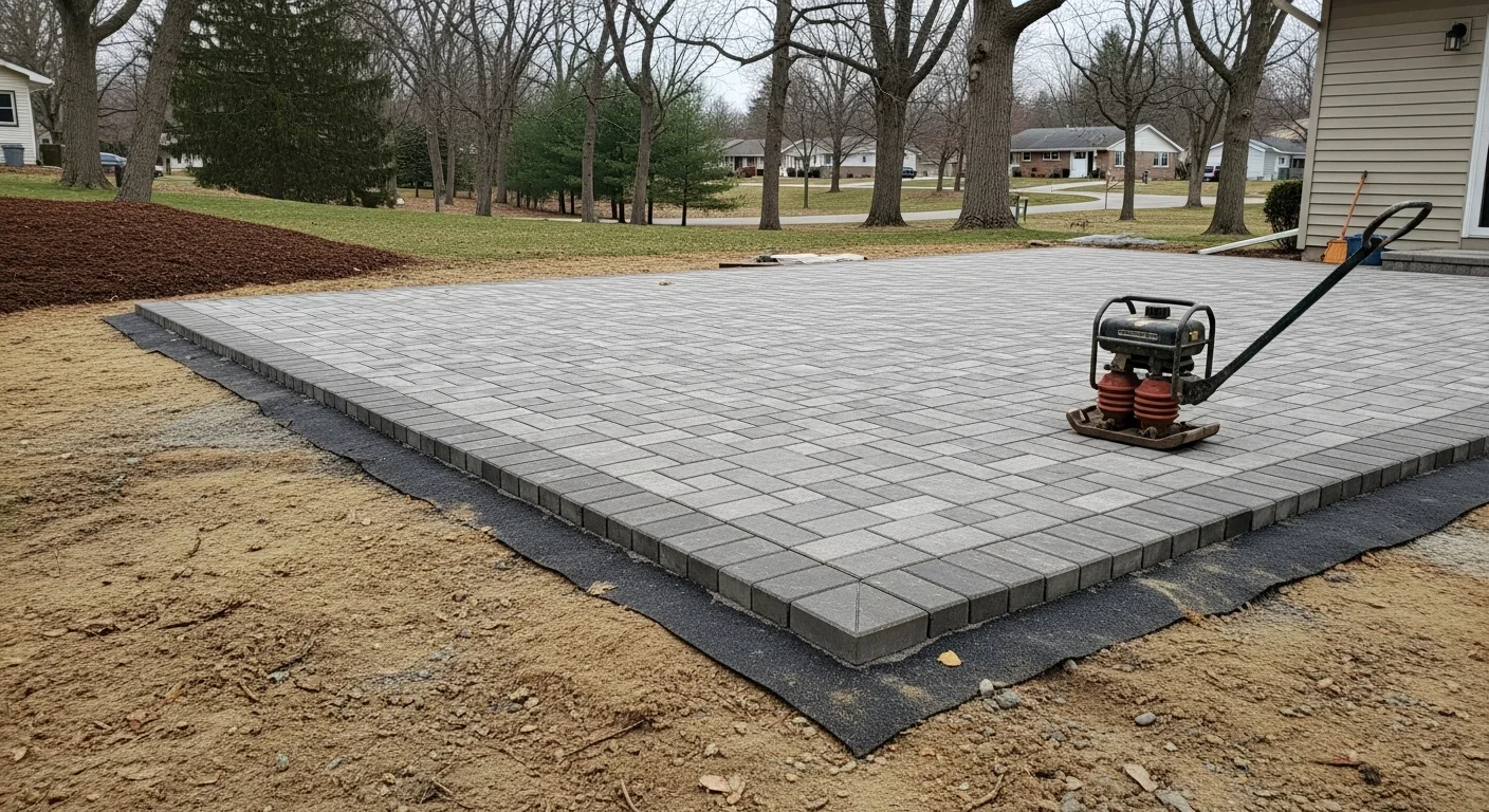 A freshly installed paver patio and stone walkway in a Fond du Lac, Wisconsin residential backyard, showing clean joints, level surface, and defined garden border edges. The hardscape connects the back door to a fire pit area set on compacted base material prepared for Wisconsin winter conditions.