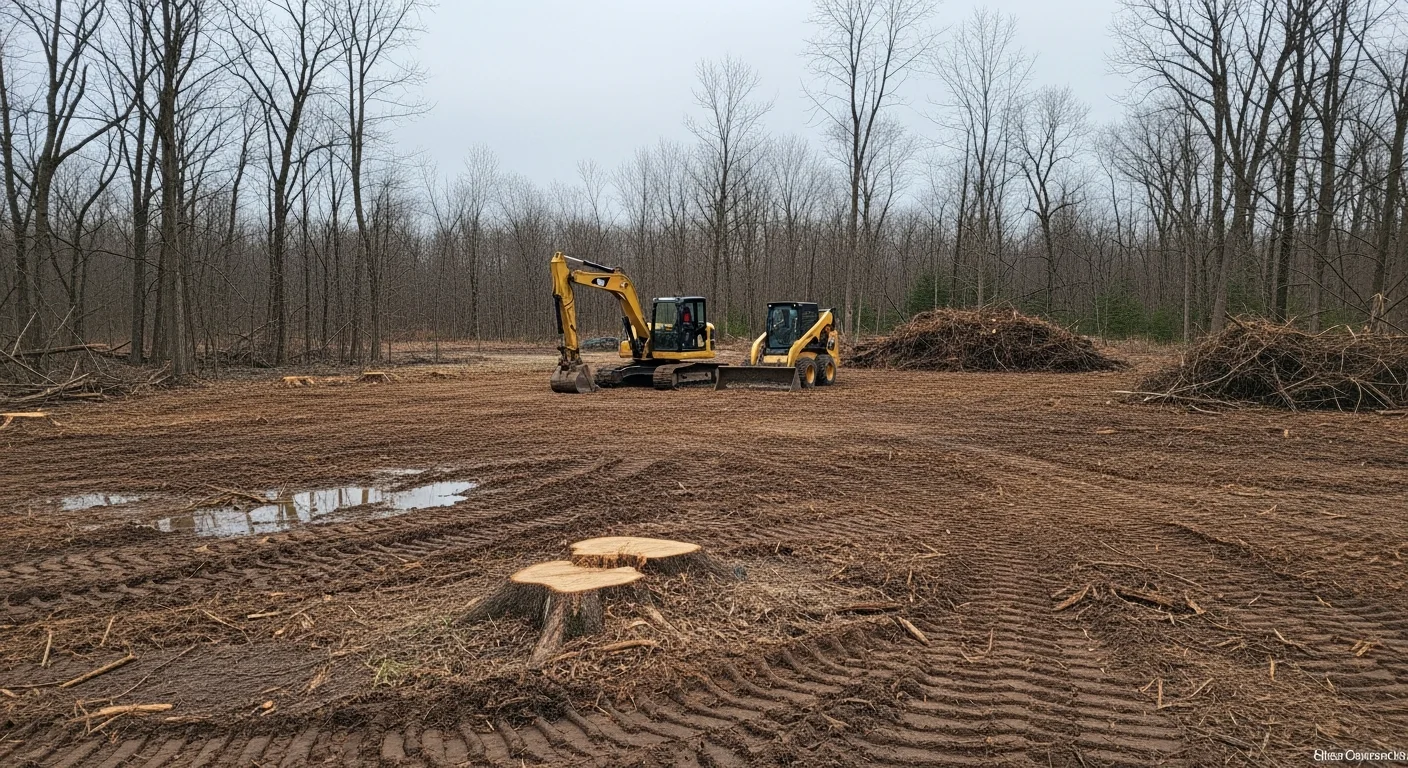A freshly cleared residential lot in Fond du Lac, Wisconsin with trees, stumps, and brush fully removed, leaving bare soil ready for construction. Heavy equipment tracks are visible across the leveled ground near the cleared tree line.