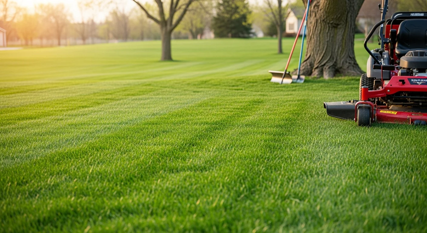 A neatly mowed and edged residential lawn in Fond du Lac, Wisconsin, with defined turf lines along the driveway and no visible weeds. A GoJo Tree and Landscaping crew member operates a mower on a green cool-season grass lawn in a suburban Fond du Lac neighborhood.