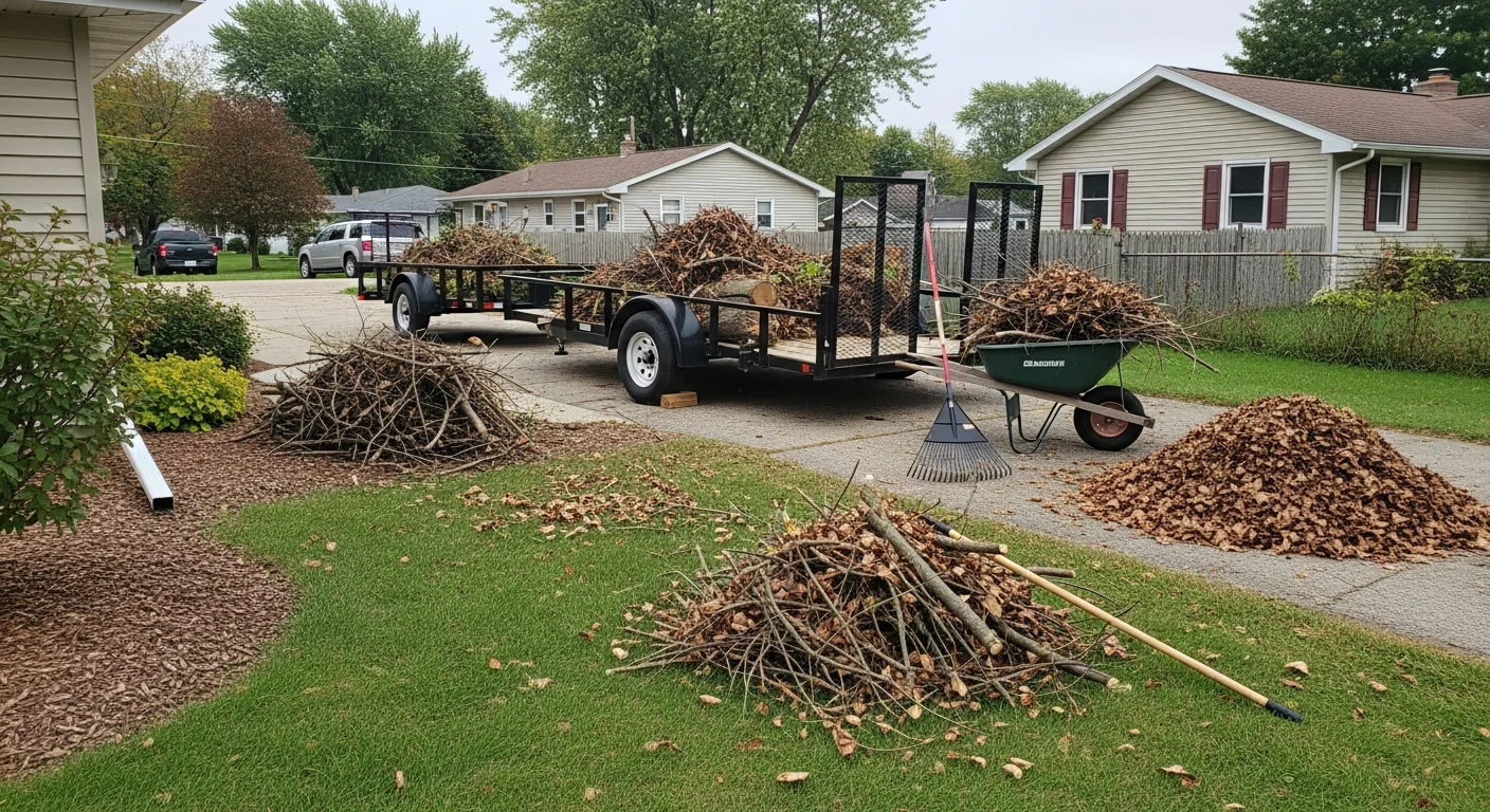 A cleared residential yard in Fond du Lac, Wisconsin with leaf piles removed, trimmed bed edges, and a clean lawn visible after a full property cleanup. A GoJo Tree and Landscaping crew works in the background hauling debris bags to a truck.