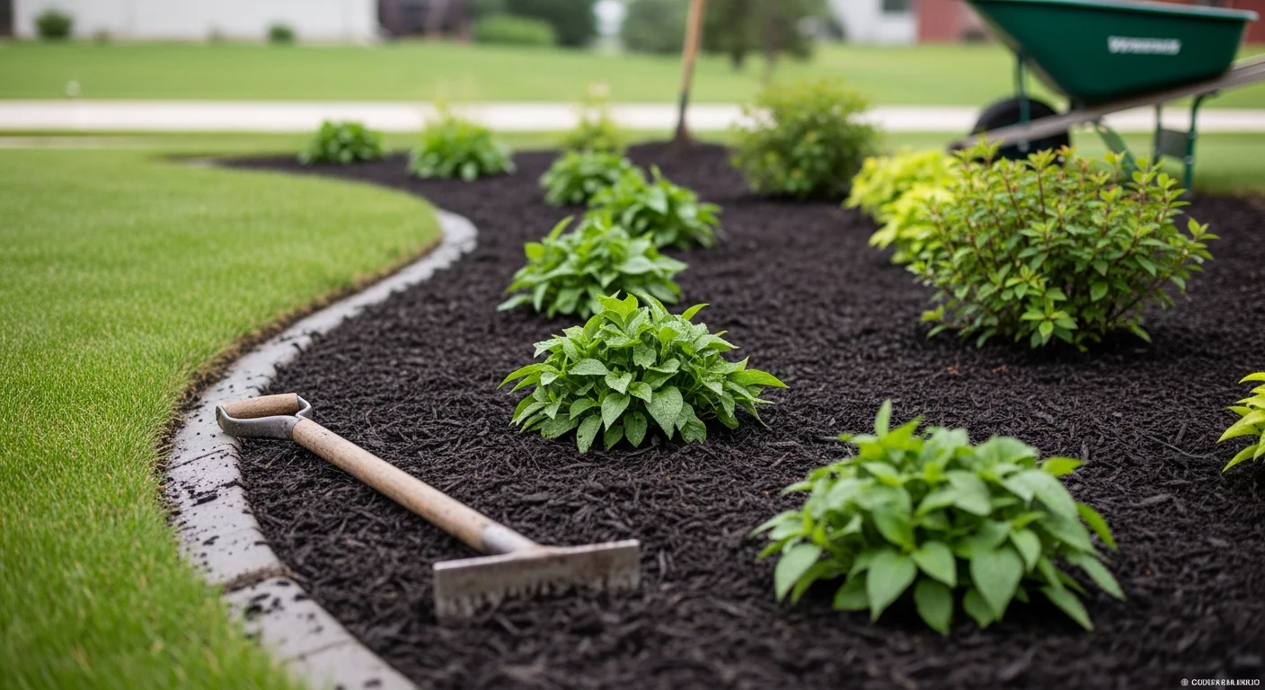 A freshly landscaped front yard at a single-family home in Fond du Lac, WI, showing clean planting beds, mulched borders, and a graded lawn. GoJo Tree and Landscaping residential work on a typical Fond du Lac residential lot.
