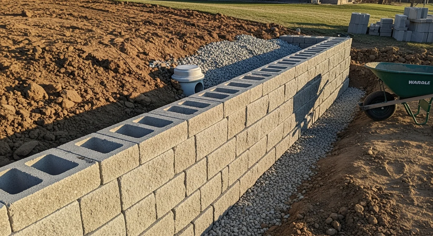 A newly constructed retaining wall on a residential property in Fond du Lac, Wisconsin, holding back a sloped yard and creating a flat landscaped area below. The wall is built with uniform stacked blocks and backed by graded soil with clean edges along the base.
