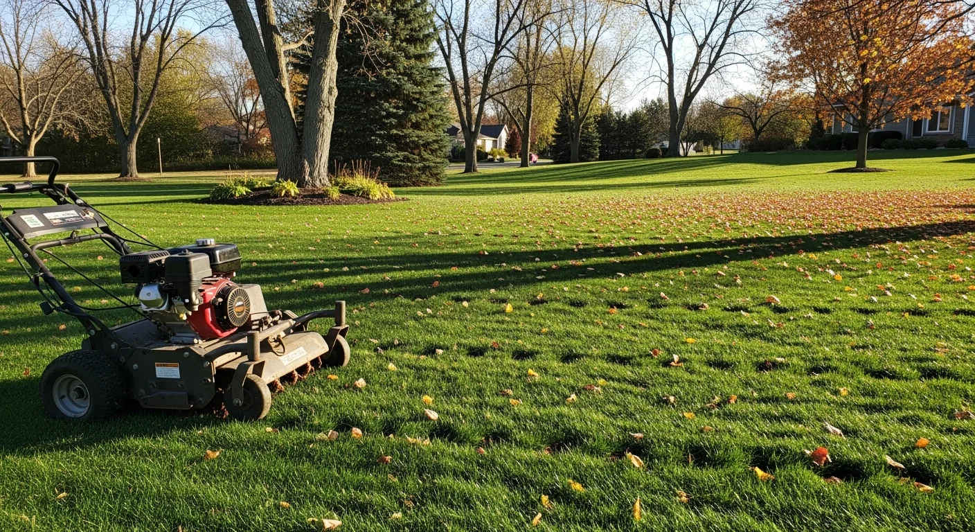 A Fond du Lac residential lawn in fall with freshly cleared leaves, clean edges along the turf border, and aeration plugs visible across the grass surface. A GoJo Tree and Landscaping crew member operates equipment in the background.