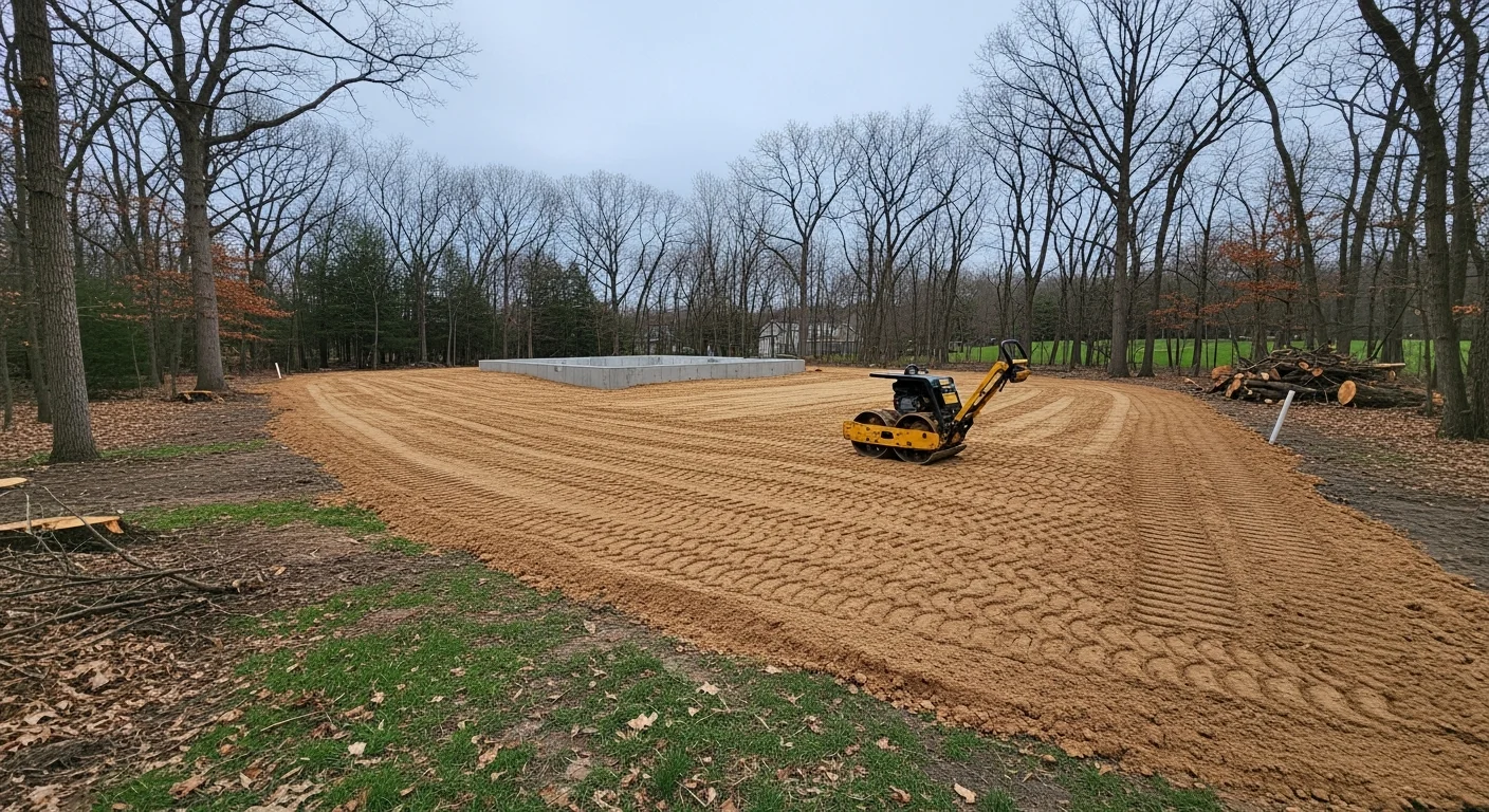 A freshly graded and cleared residential lot in Fond du Lac, Wisconsin with leveled soil and no debris, ready for landscaping installation. A GoJo Tree and Landscaping crew has removed stumps and vegetation, leaving a smooth, compacted surface sloped away from the property.