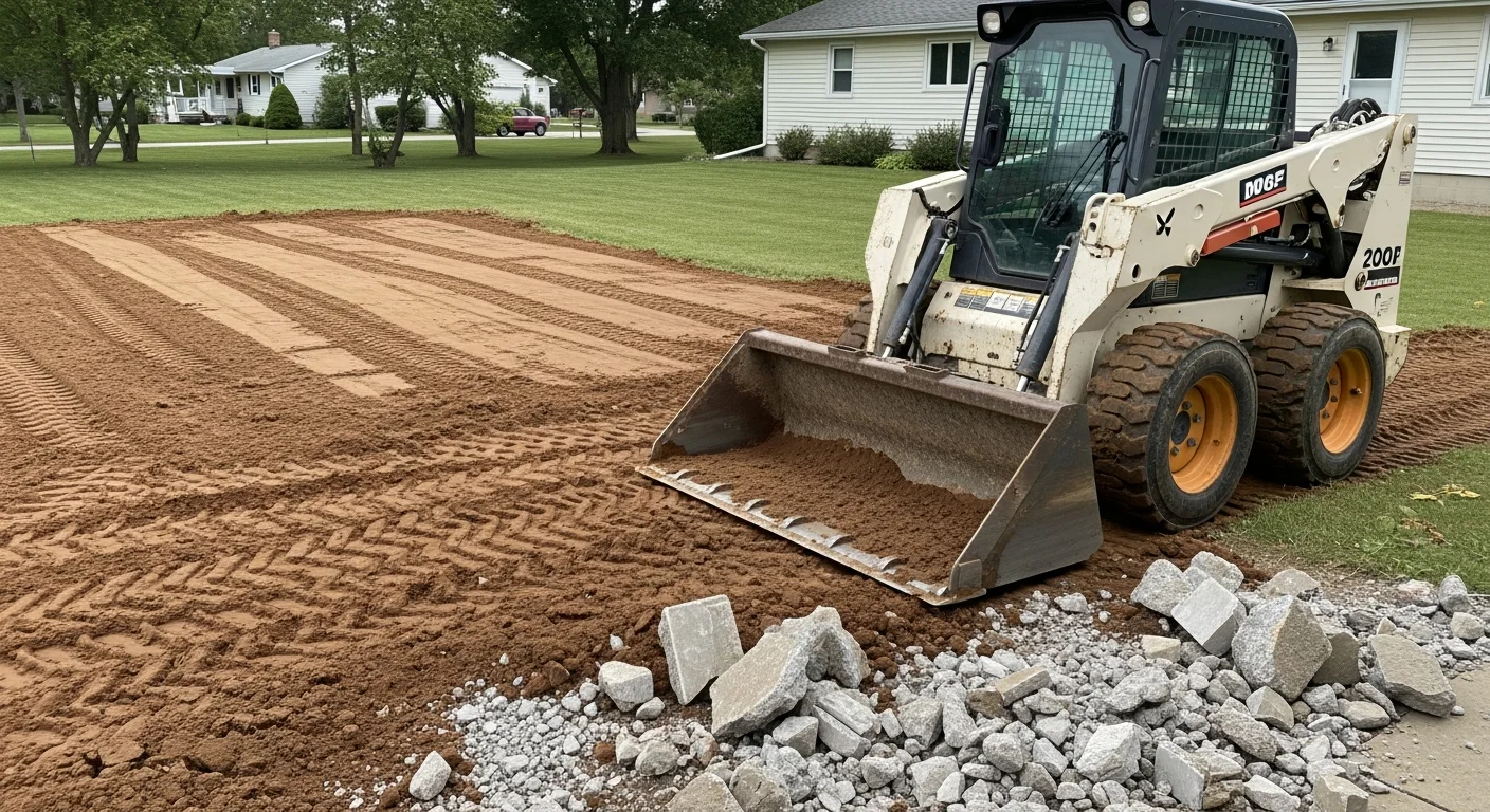A skidloader clearing demolition debris from a residential property in Fond du Lac, Wisconsin, with broken concrete and brush loaded into a pile for removal. The surrounding yard shows freshly graded soil ready for the next phase of landscaping work.