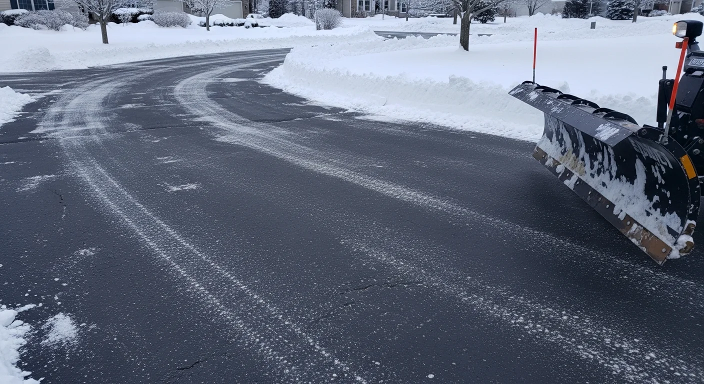 A residential driveway in Fond du Lac, Wisconsin cleared of snow after a winter storm, with clean pavement visible and snow pushed to the side of the property. A GoJo Tree and Landscaping truck is positioned near the cleared driveway entrance.