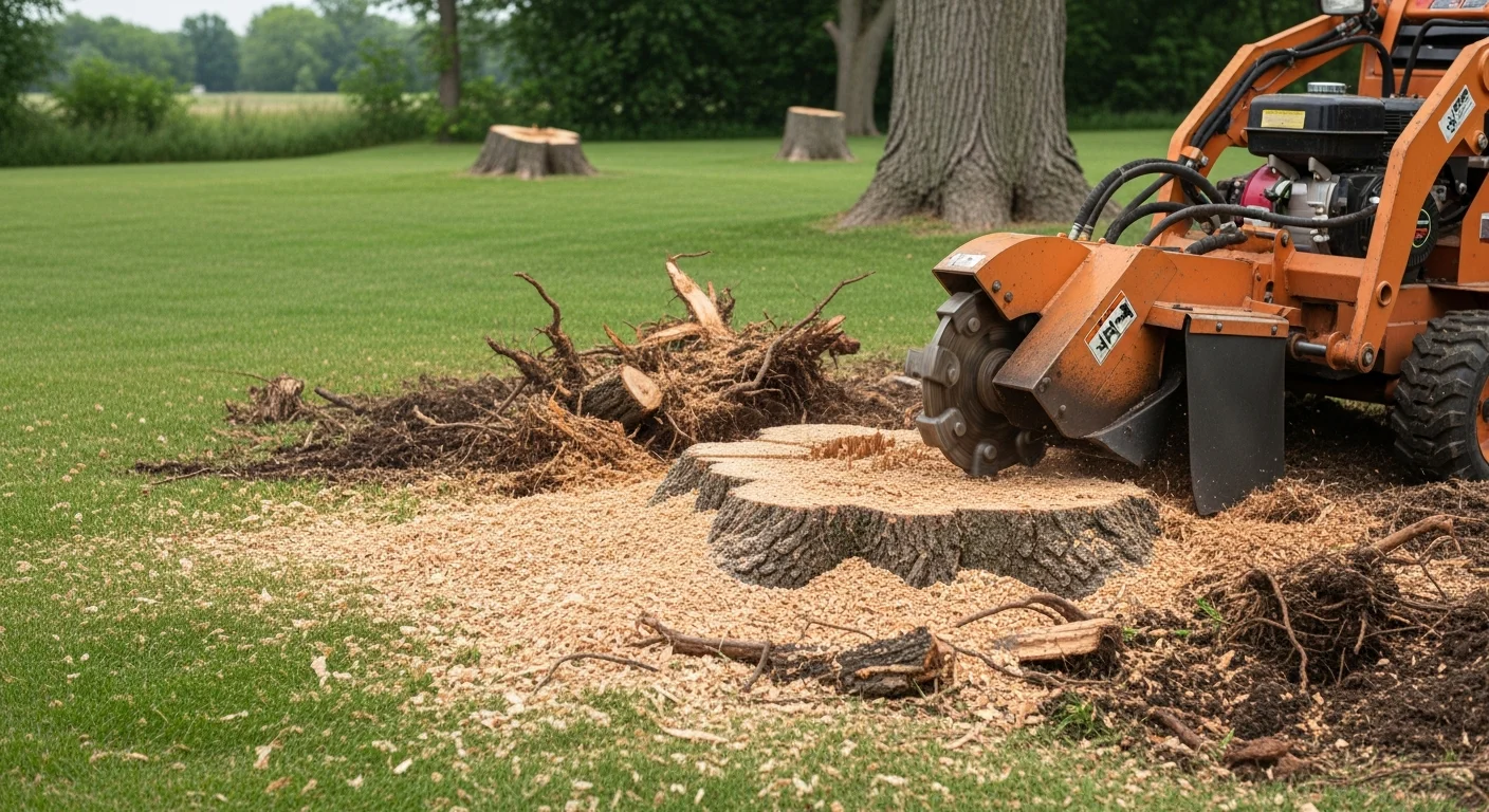 A freshly ground stump in a Fond du Lac, Wisconsin residential yard, with wood chips spread across the cleared area and surrounding lawn visible. The ground is level where a large hardwood stump once stood, ready for topsoil and reseeding.
