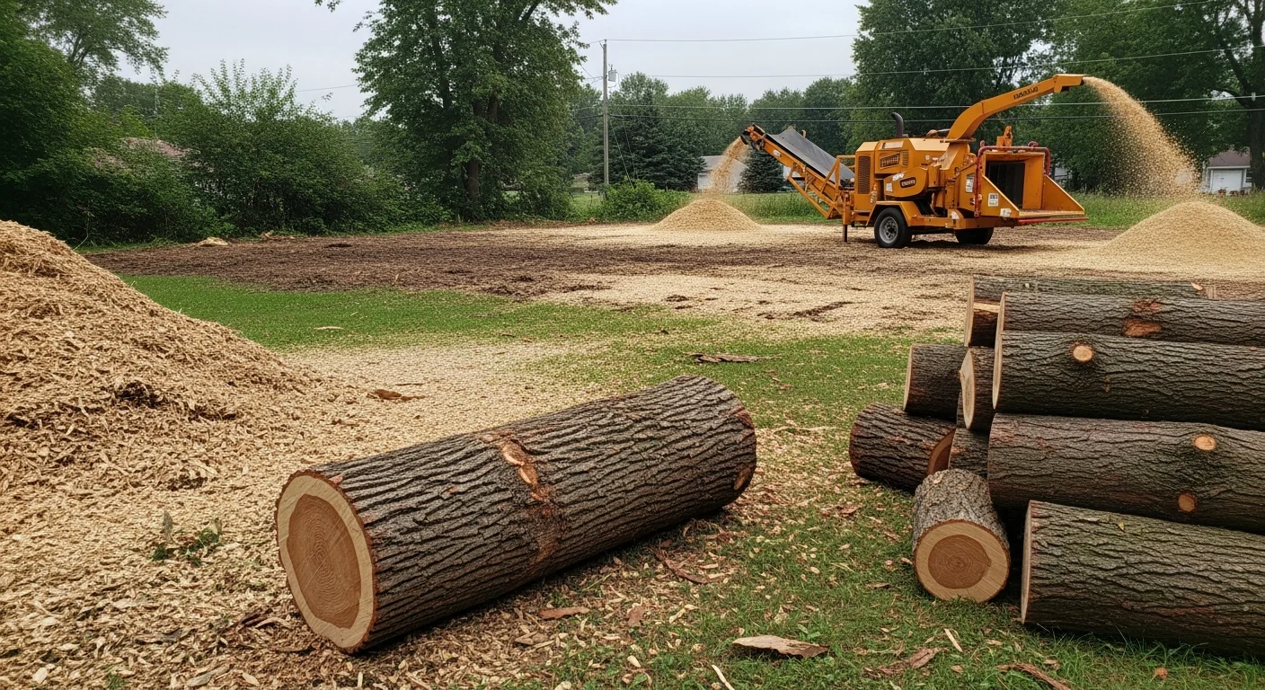 A GoJo Tree and Landscaping crew removing a large dead ash tree in sections in a residential backyard in Fond du Lac, WI. The cleared yard shows the stump remaining at ground level with debris staged for hauling.