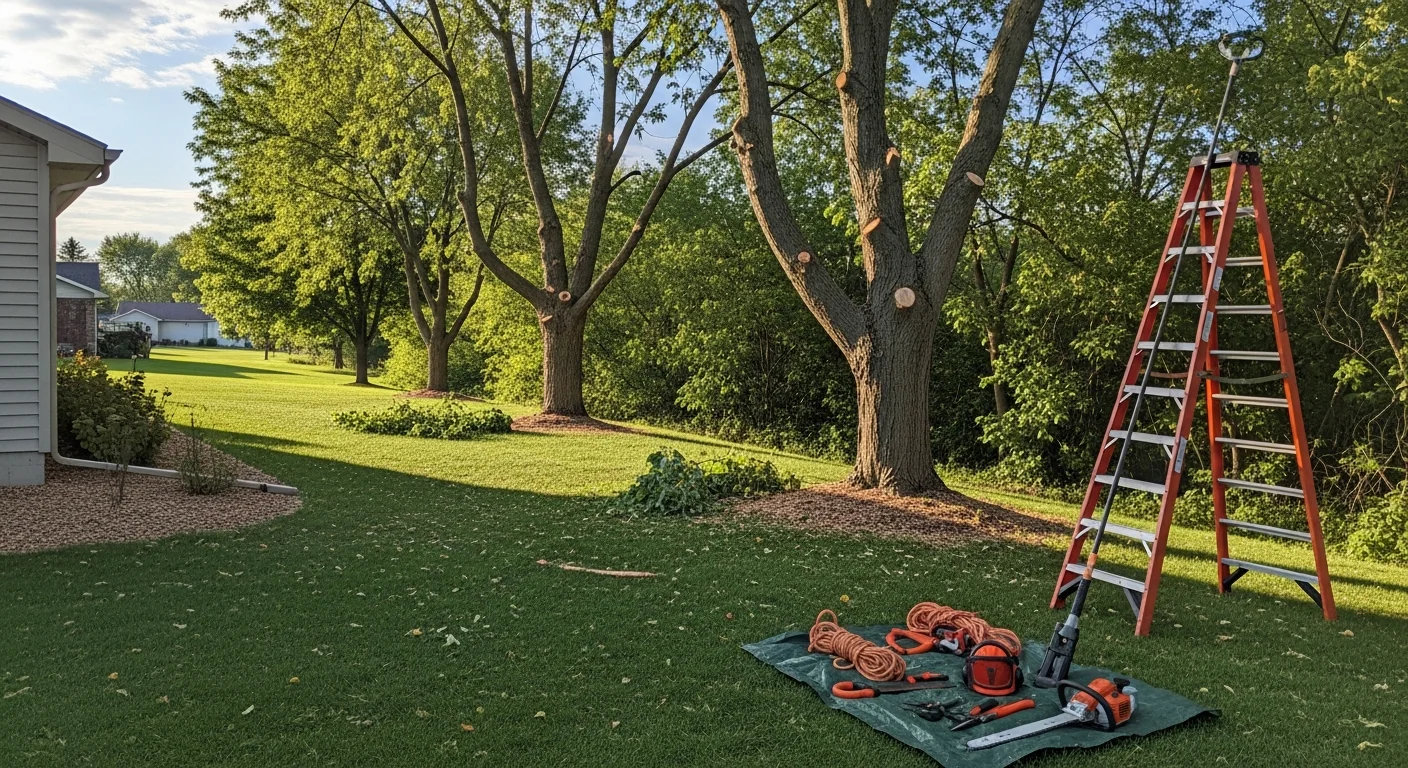 A GoJo Tree and Landscaping crew member trimming the upper crown of a mature silver maple on a residential lot in Fond du Lac, Wisconsin. Trimmed branches are visible on the ground below, with a compact side yard and neighboring home in the background.
